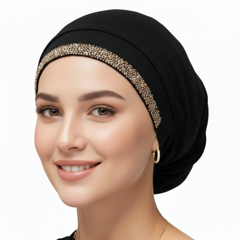 Bonnet adorned with rhinestones